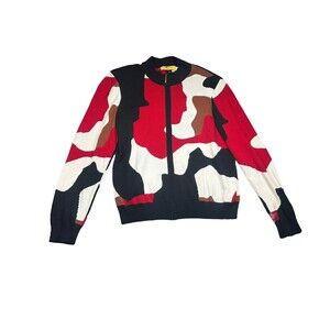 St John Knits Zip-Up‎ Cardigan in Red Black White  Medium Wool Blend